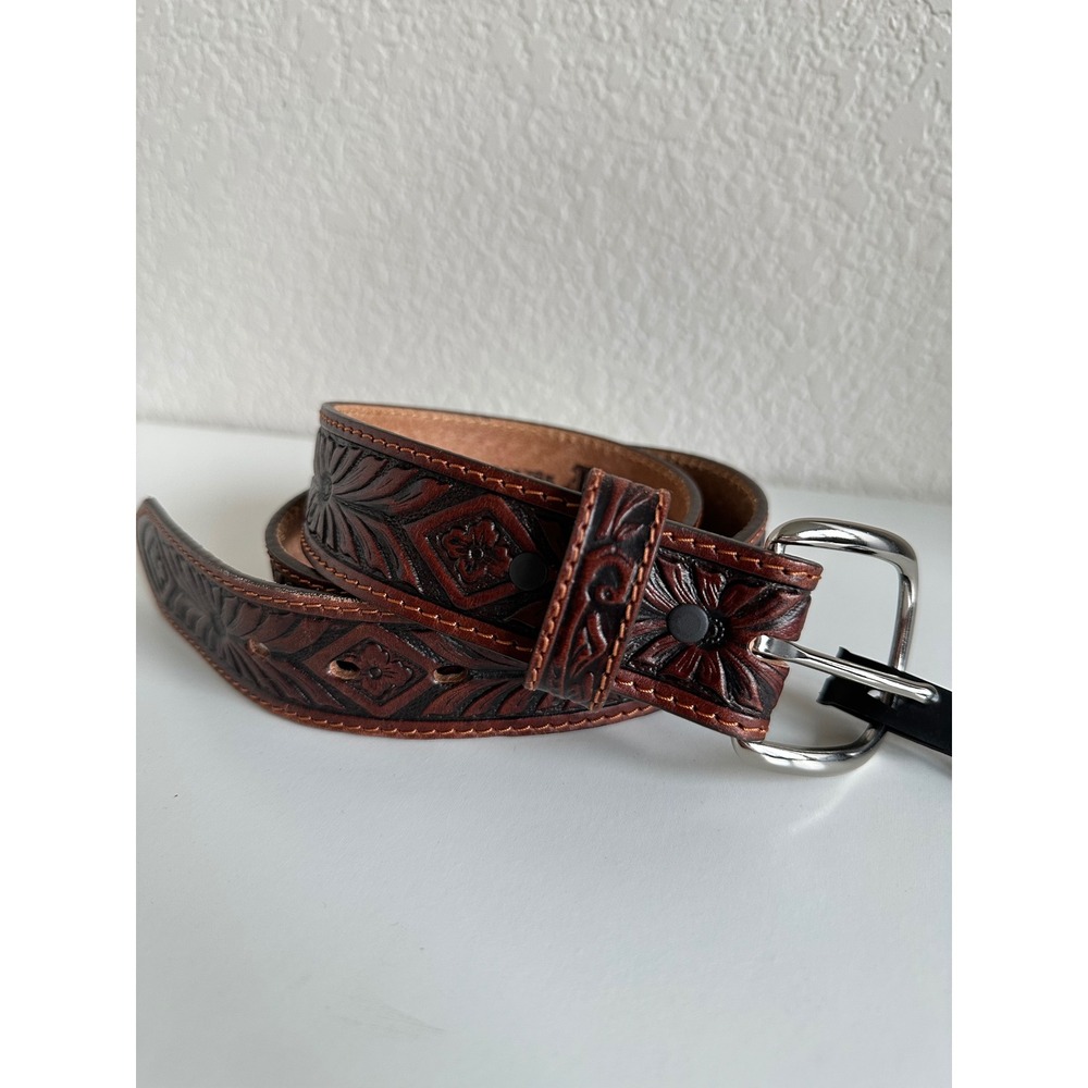 Justin Mens Brown‎ Tooled Leather Western Belt Size 34 Made in USA C13785 NEW